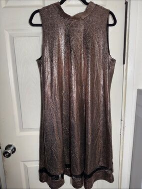 Signature by Robbie Bee Metallic Bronze High-Neck Mini Dress